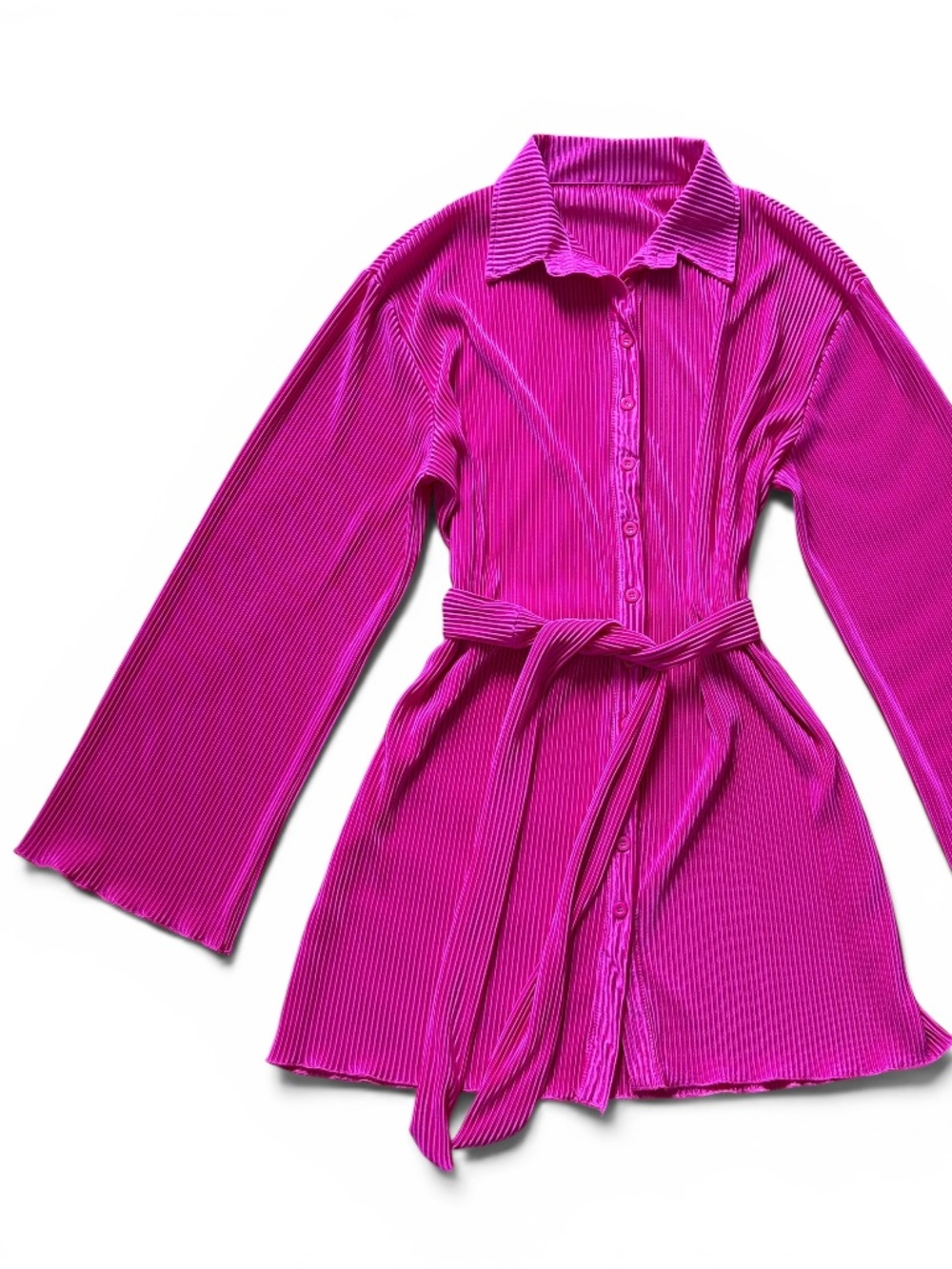 Hot Pink Long Sleeve Mini Dress Belted Ribbed Stretchy